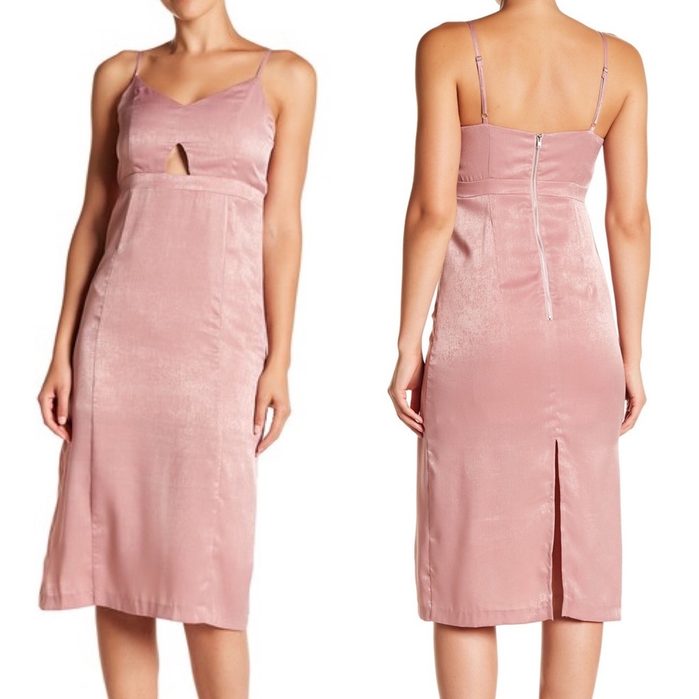 J.O.A Vneck Waist Cutout Satin Midi Dress